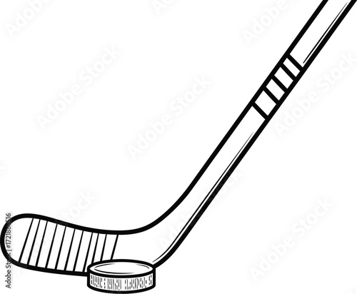 Black outline hockey stick and puck on a white background