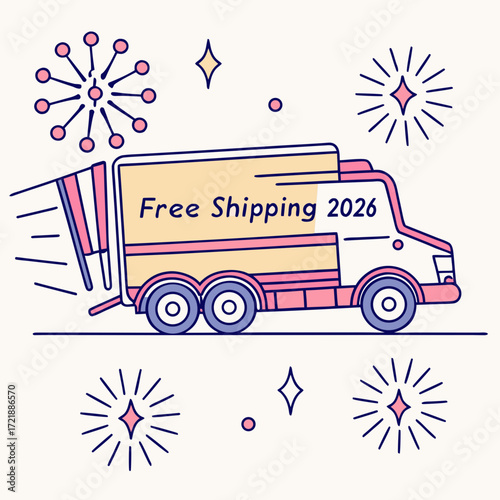 Delivery truck promoting free shipping in 2026 with celebratory fireworks and stars for a special offer or promotional event announcement