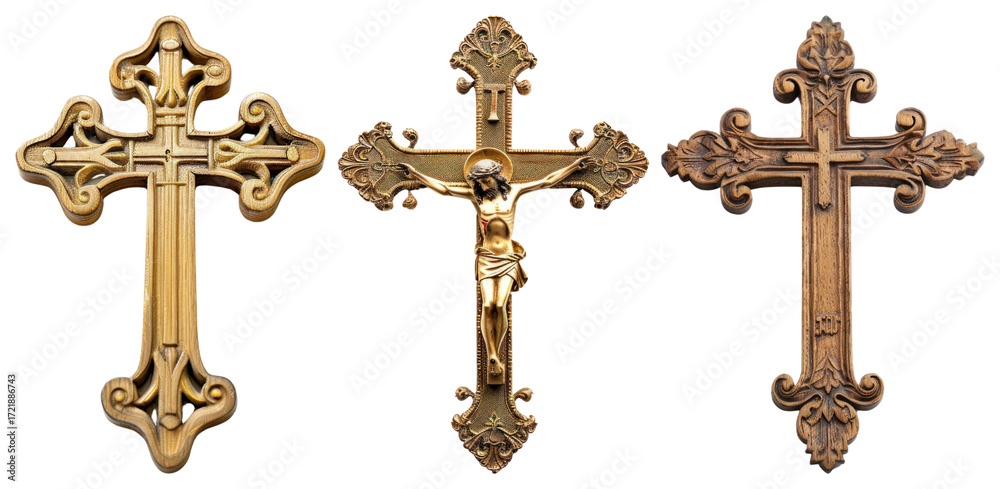 Fototapeta premium PNG Ornate gold crosses collection, element set on transparent background