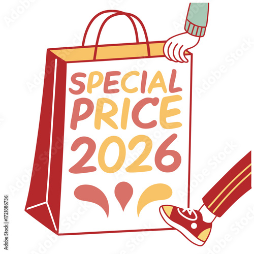 Illustration of a special price shopping bag for 2026 with a hand holding the bag and a foot in a shoe next to it promoting future sales event