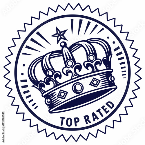 Top rated stamp with a crown and starburst design symbolizing quality excellence and premium approval for products and services with a vintage feel