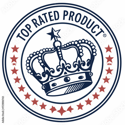 Top rated product badge with crown and stars in a circular design for quality assurance and customer satisfaction marketing material usage