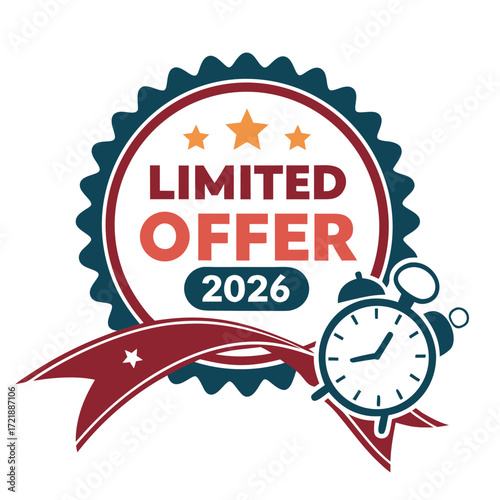 Limited offer badge for 2026 with alarm clock and ribbon design promoting a time sensitive deal or promotion for marketing and advertising purposes