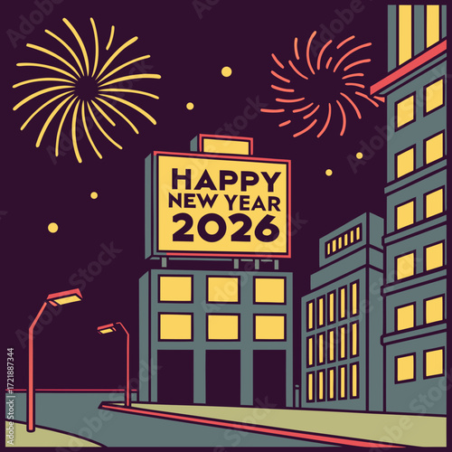 Festive happy new year 2026 celebration with fireworks over city buildings and streetlights creating a vibrant holiday atmosphere at night