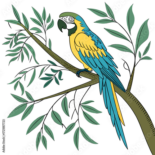 Colorful vector illustration of a tropical parrot on a branch, transparent background, SVG format