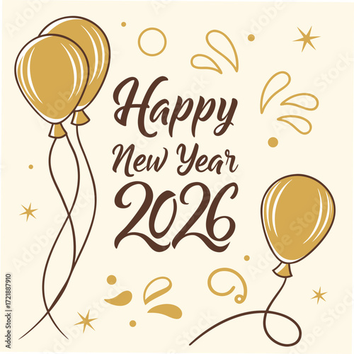 Celebrating happy new year 2026 with golden balloons and festive decorations creating a joyful and celebratory atmosphere for the upcoming year