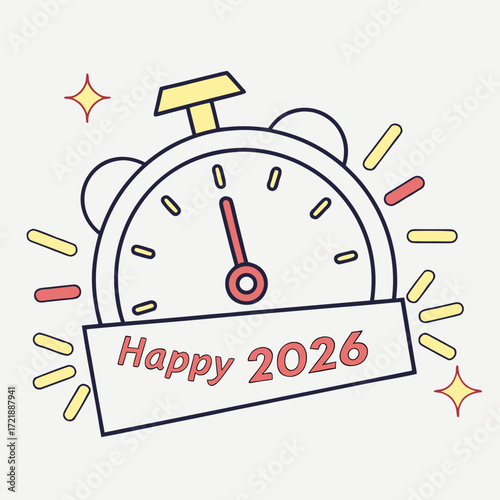 Cheerful clock illustration showing happy 2026 new year celebration with festive decorations and a hopeful anticipation for the future year ahead
