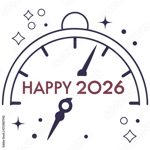 Anticipating a happy 2026 with a speedometer graphic showing the year and celebratory sparkles for new year's resolutions and future goals achievement