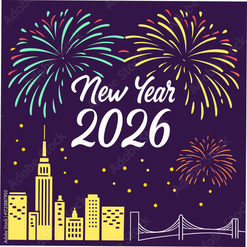 Celebrating new year 2026 with fireworks over the city skyline a festive and vibrant illustration for holiday greetings and new year celebrations