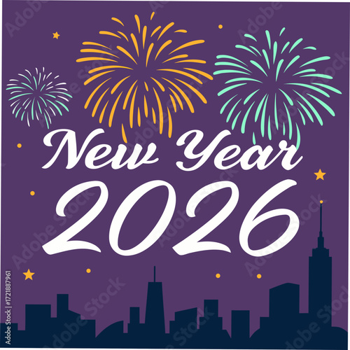 Celebrating new year 2026 with fireworks over the city skyline on a festive purple background for holiday greetings and event invitations beautifully