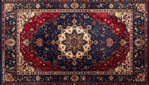 Ornate rug with rich colors and intricate patterns