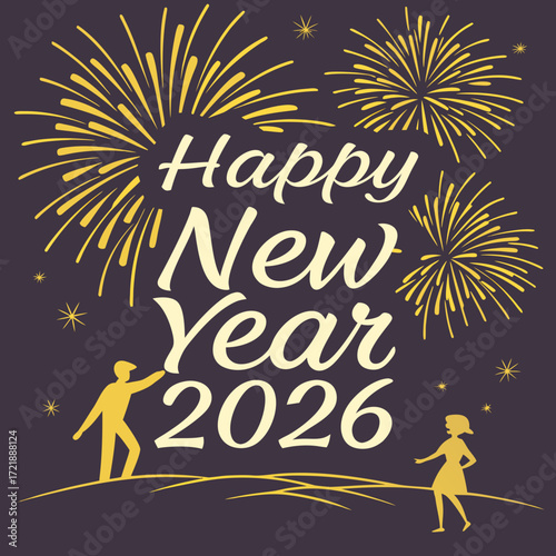 Celebrating happy new year 2026 with fireworks and joyful figures under a festive night sky filled with stars and holiday cheer for the new year