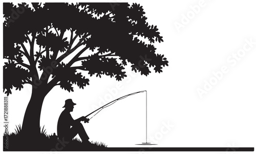 Silhouette of a Fisherman Relaxing Under a Tree by the Water