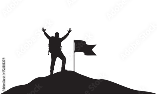 Silhouette of Climber Reaching the Summit with Flag