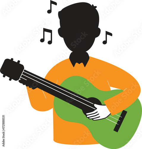 Black silhouette person plays green guitar with orange shirt