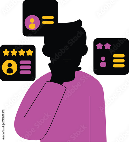 Black silhouette of a person with purple shirt contemplating profile cards