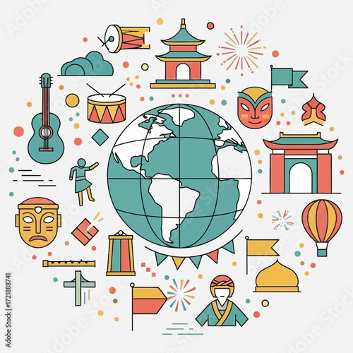 Global Cultural Icons and Traditions Illustrated with Earth Focus