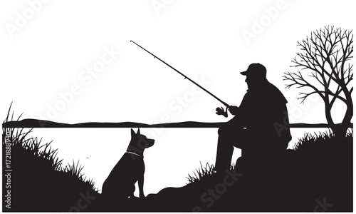 Silhouette of a Fisherman and Dog by the Lake