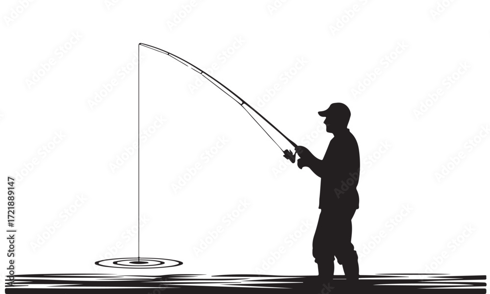 Obraz premium Silhouette of a Person Fishing with a Bent Rod and Line