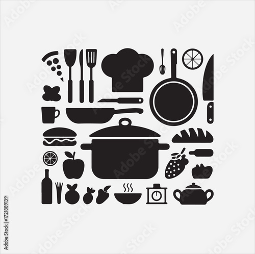 Black kitchen and food icons arranged in a collage