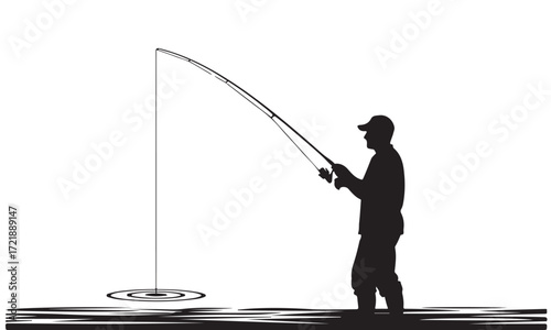Silhouette of a Person Fishing with a Bent Rod and Line