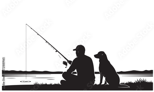 Fisherman and Dog Silhouetted by Lake at Dusk