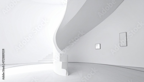 Minimalist architectural interior featuring white walls, curved design and gallery art pieces