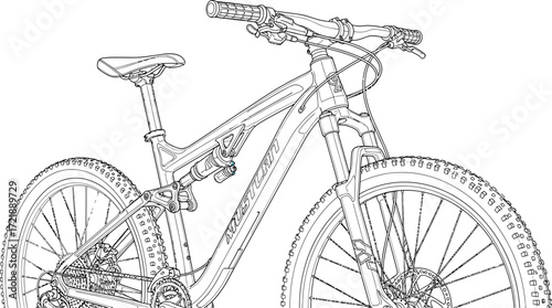 Detailed Mountain Bike Line Drawing on a White Background