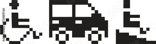 Pixelated icons representing wheelchair accessibility and accessible transportation
