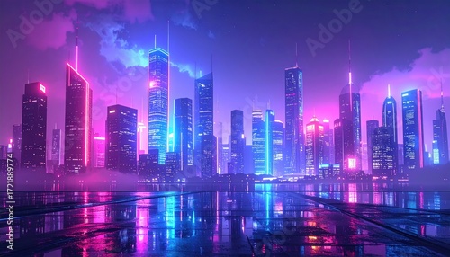 Vibrant cyberpunk city skyline illuminated by neon lights and mirrored reflections adding