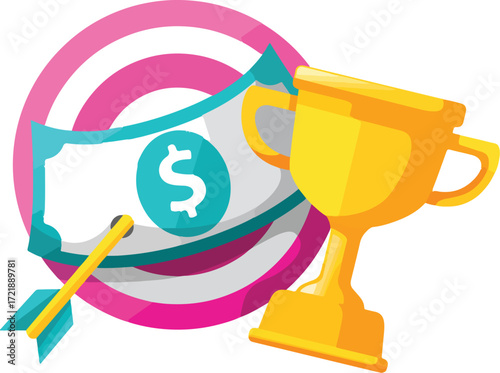 Gold trophy money and target with arrow