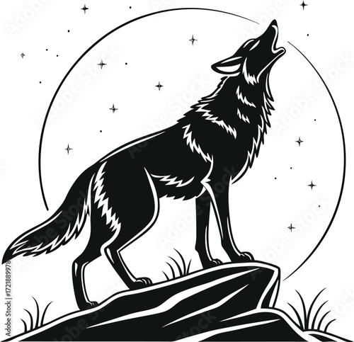 a black and white vector illustration of a howling wolf silhouette against a full moon