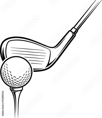 Golf ball, club on tee, sport equipment