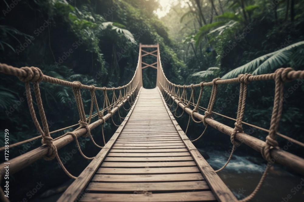 Obraz premium Seilbrücke im tropischen Regenwald, idyllische Wanderung durch die Natur