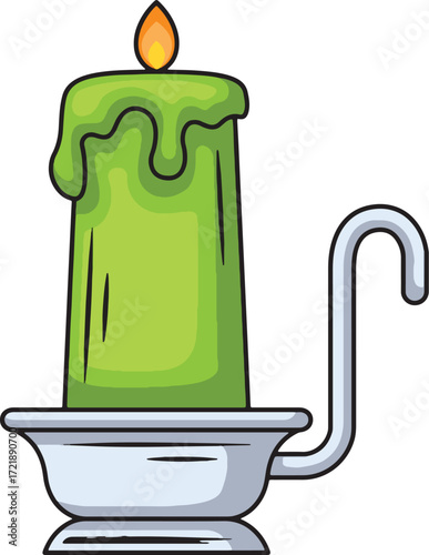 Green candle with flame in silver candlestick