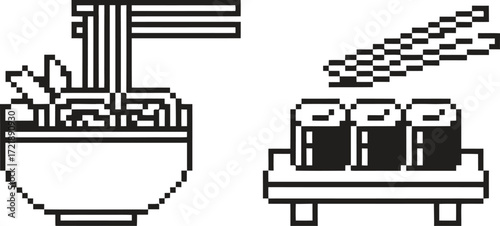 Simple outline illustration of ramen noodles and sushi with chopsticks