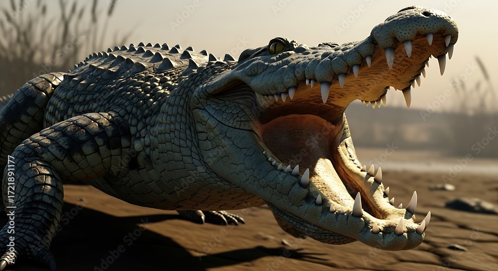 Fototapeta premium Large crocodile with open mouth showing teeth a dangerous predator in its natural habitat ready to strike transparent background