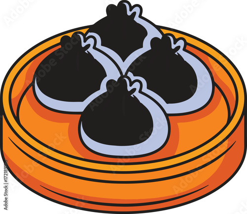 Four black dumplings with light blue trim in an orange bamboo steamer
