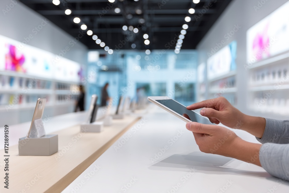 Fototapeta premium Hands using tablet inside store