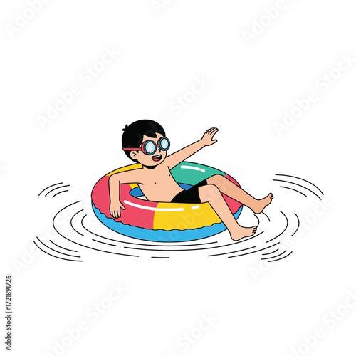 A young boy wearing swimming goggles relaxes and floats on a colorful inflatable ring in rippling water.