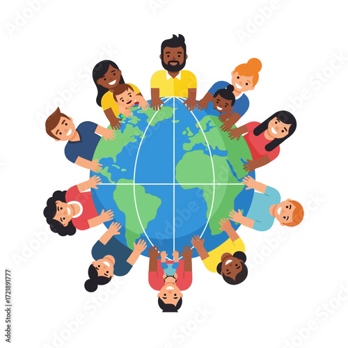 Diverse people of different ethnicities holding hands around a globe, symbolizing unity and global interconnectedness.