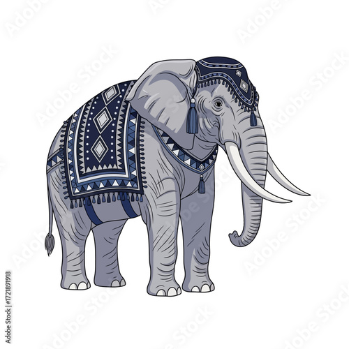 Ornate Asian elephant adorned in a richly patterned blue textile blanket and headpiece.
