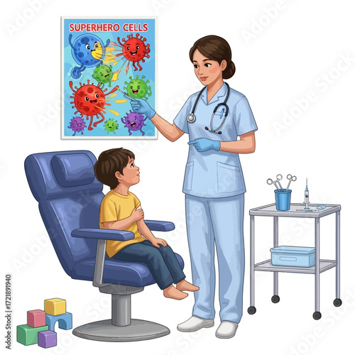 A friendly pediatric nurse explains a colorful 'Superhero Cells' poster to a young boy in a clinic.