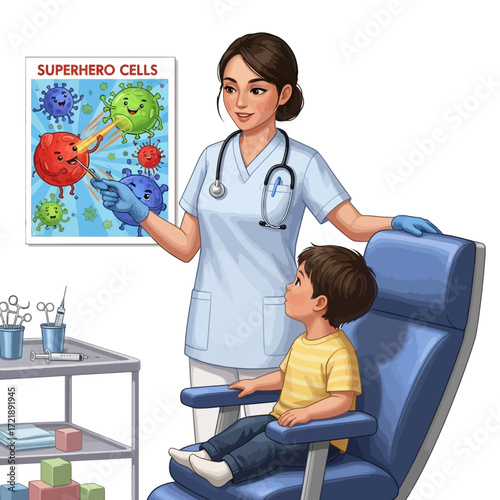 A medical professional explains the concept of superhero cells to a young child in a clinic setting.