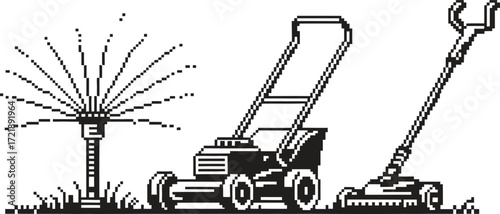 Illustration of gardening tools including a lawnmower rake and sweeper