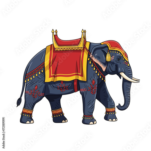Illustration of a decorated elephant with a red and gold saddle, ornate details, and prominent tusks, isolated on white.
