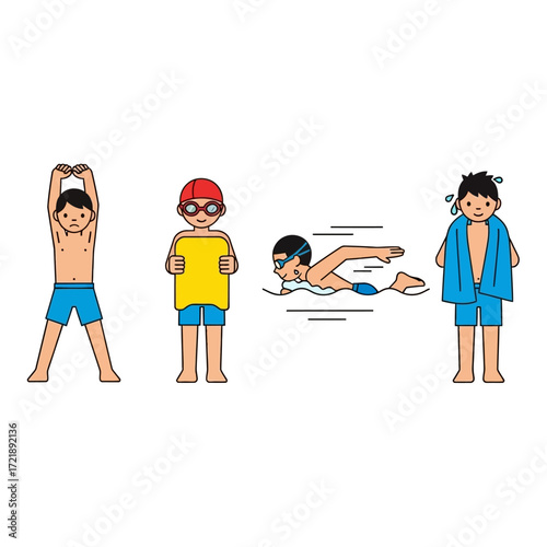 A series of illustrations showing a young boy's swimming routine, from stretching and preparing to swimming and drying off.