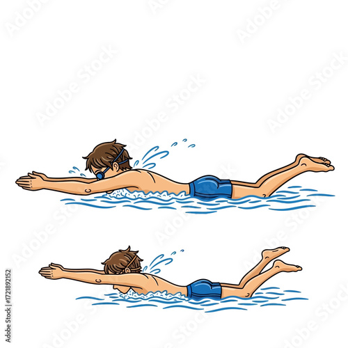 Cartoon depiction of a person swimming the front crawl stroke, showing two sequential stages of the movement.