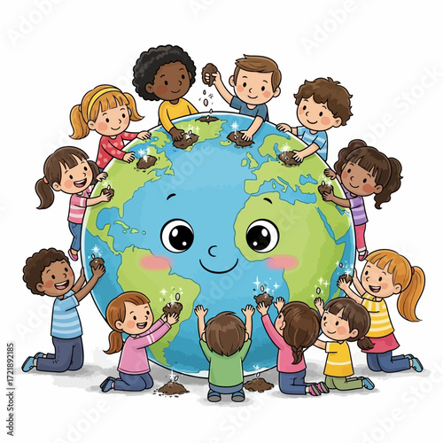 A group of diverse children are planting seeds and nurturing a smiling Earth globe, symbolizing environmental care and global unity.