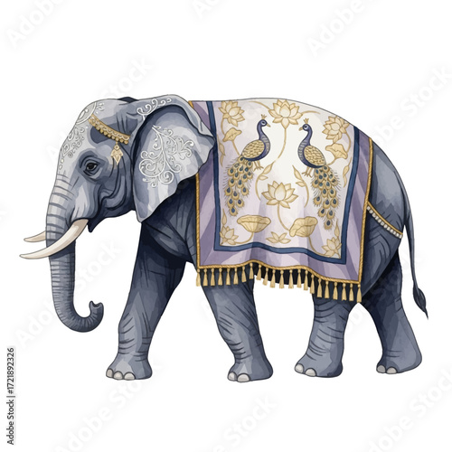 Ornate Indian elephant adorned with a richly detailed tapestry, walking majestically.